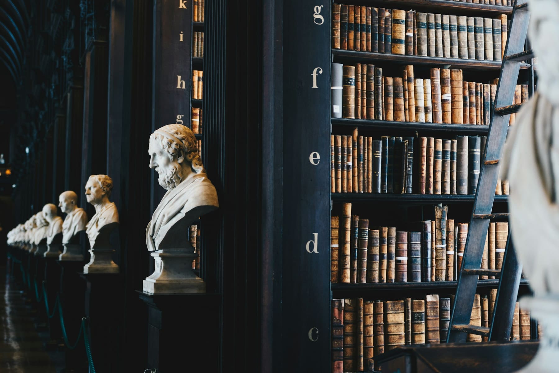 Library bookshelf with shelves lettered from A to G